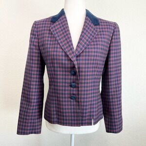 Pendleton Vintage Wool Burgundy Plaid Velvet Collar Button Blazer Jacket 8P